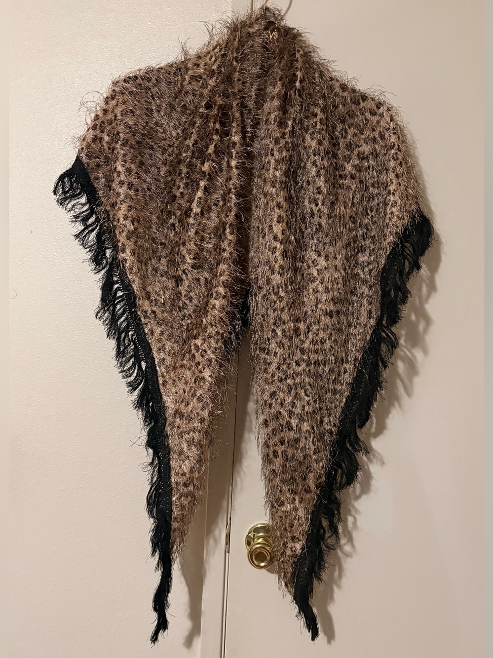 Fuzzy Leopard Print Triangle Shawl with Black Fringe